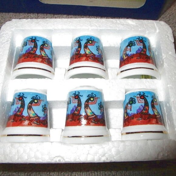 NIB Porcelain KOKOPELLI Set Of 6 THIMBLES Sewing Accessory XL Native FLUTE Dance - Picture 1 of 8